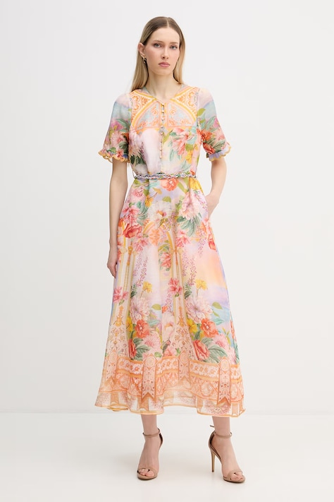 Hale Bob sukienka letnia z jedwabiem Cyrilla złota w kwiaty 61DA614M