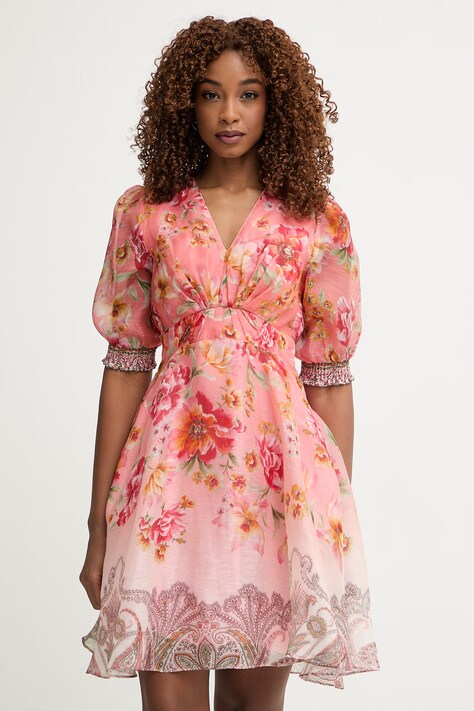 Hale Bob sukienka z jedwabiem Kaeli różowa roślinna 62DW624A