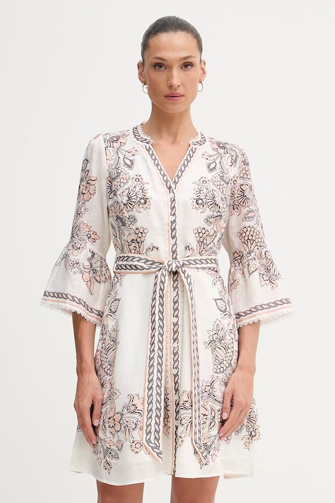 Hale Bob sukienka lniana Maxwell biała w kwiaty 62VE670A