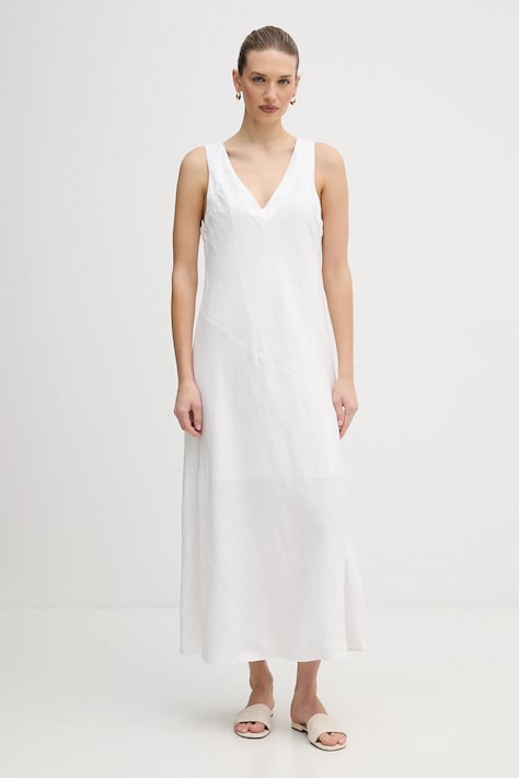 Dkny sukienka lniana kolor biały maxi rozkloszowana P4KBCZ70