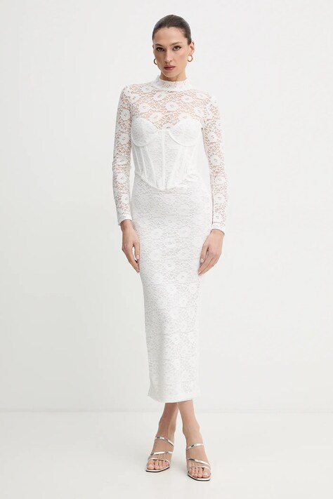 Bardot sukienka kolor beżowy maxi dopasowana 60189DB