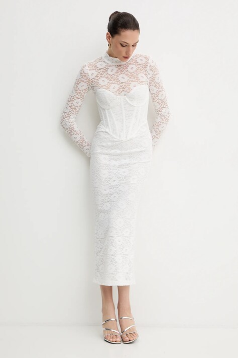 Bardot sukienka kolor beżowy maxi dopasowana 60189DB