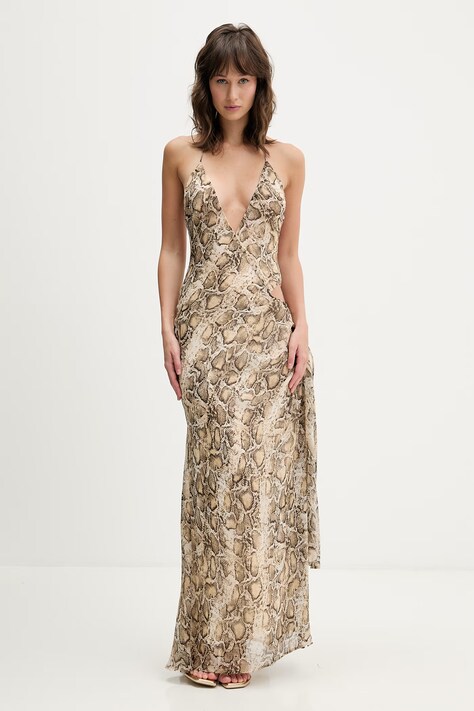 Bardot sukienka kolor beżowy maxi rozkloszowana 59760DB6