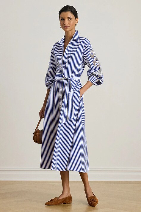 Lauren Ralph Lauren sukienka bawełniana kolor niebieski midi rozkloszowana 200P03711