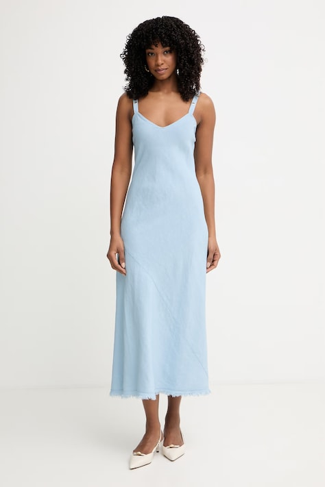 Pinko obleka z lanom modra enobarvna 106586 A34G