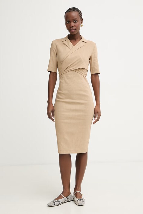 Pinko sukienka z lnem beżowa gładka 106499 A34I