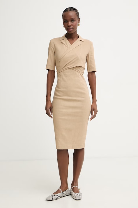 Pinko sukienka z lnem beżowa gładka 106499 A34I