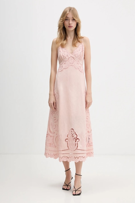 Farm Rio sukienka lniana kolor różowy midi rozkloszowana 351184