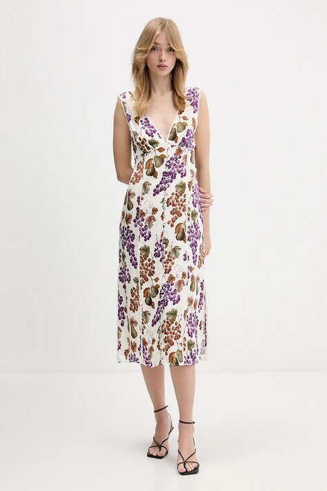 Farm Rio sukienka kolor beżowy midi rozkloszowana 344591