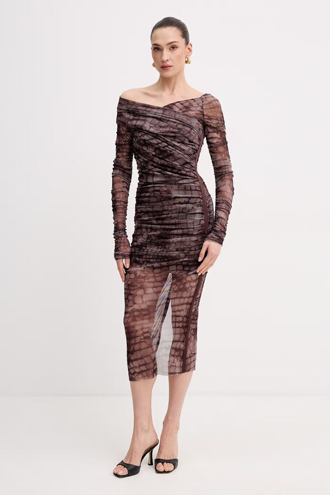 Elisabetta Franchi sukienka brązowa z motywem zwierzęcym AB91361E2