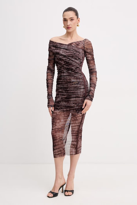 Elisabetta Franchi sukienka brązowa z motywem zwierzęcym AB91361E2