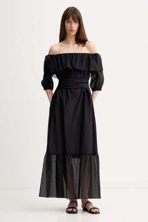 Marella sukienka hiszpanka z dodatkiem jedwabiu AEROSI czarna gładka 2613221134200