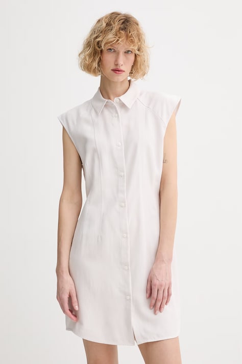 Calvin Klein лятна рокля с добавен лен бежова с изчистена шарка LV044F015G