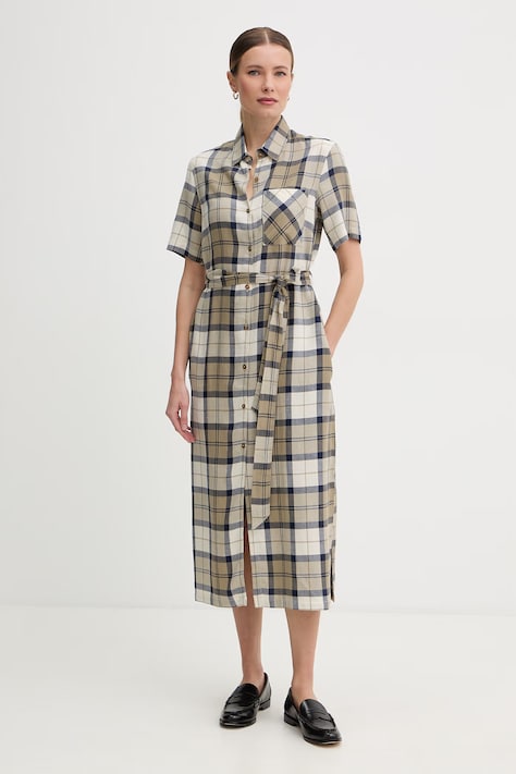Barbour sukienka z lnem Fern zielona w kratkę LDR0988