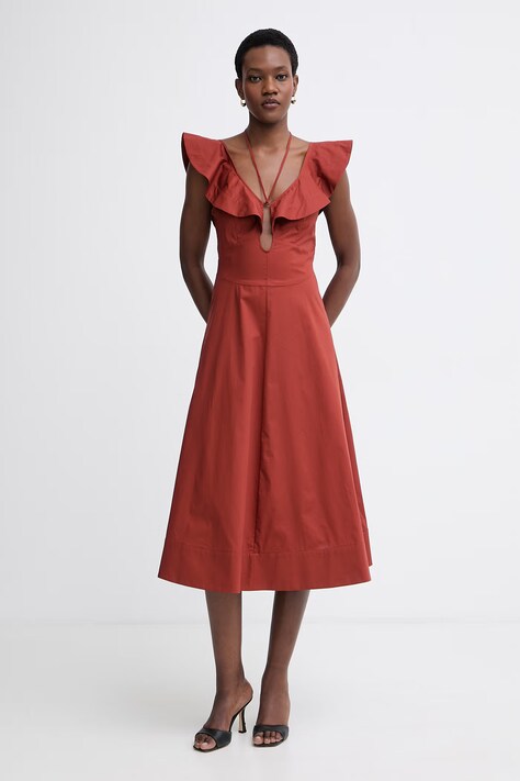 Twinset sukienka rozkloszowana bawełniana z elastanem brązowa gładka 261TT2212