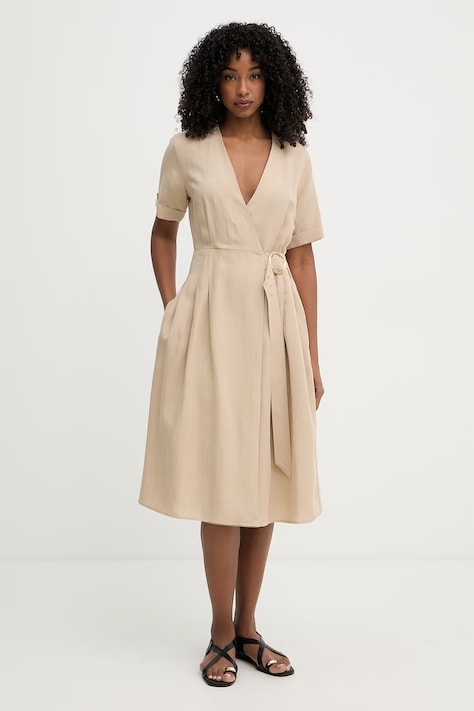 Twinset sukienka kopertowa z lnem beżowa gładka 261TT2554