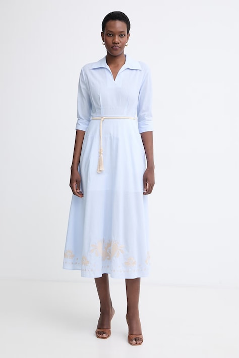 Twinset разкроена рокля от памук синя на райе 261AT2032