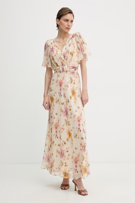 Luisa Spagnoli sukienka letnia jedwabna Panneggio beżowa w kwiaty 543225