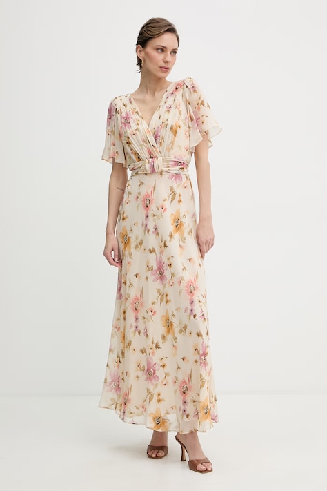 Luisa Spagnoli sukienka letnia jedwabna Panneggio beżowa w kwiaty 543225