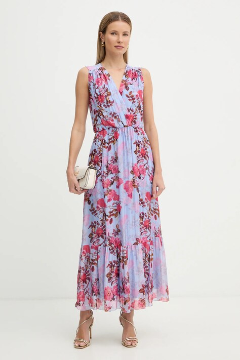 Fracomina sukienka z dodatkiem jedwabiu kolor niebieski maxi rozkloszowana FR26SD3018W774R8