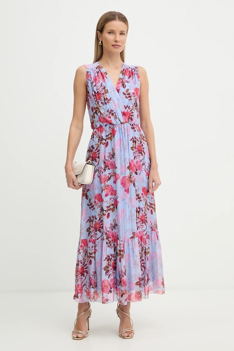 Fracomina sukienka z dodatkiem jedwabiu kolor niebieski maxi rozkloszowana FR26SD3018W774R8