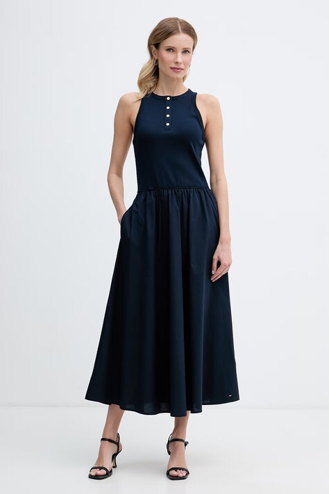 Tommy Hilfiger rochie evazată din bumbac bleumarin cu dungi WW0WW49628