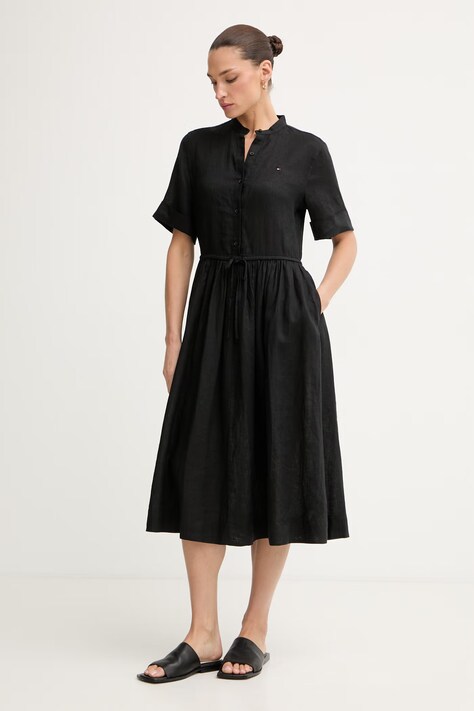 Tommy Hilfiger rochie de vară din in neagră WW0WW49633