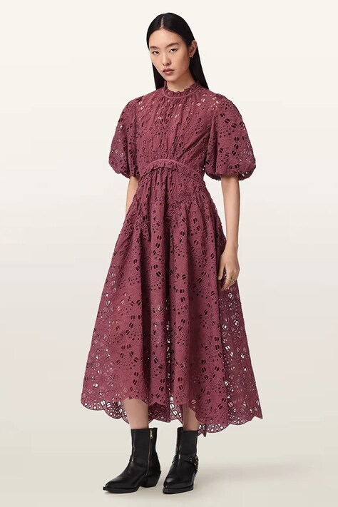 AllSaints sukienka rozkloszowana ODETTE różowa z koronkowymi wstawkami W001DE