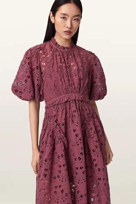 AllSaints sukienka rozkloszowana ODETTE różowa z koronkowymi wstawkami W001DE