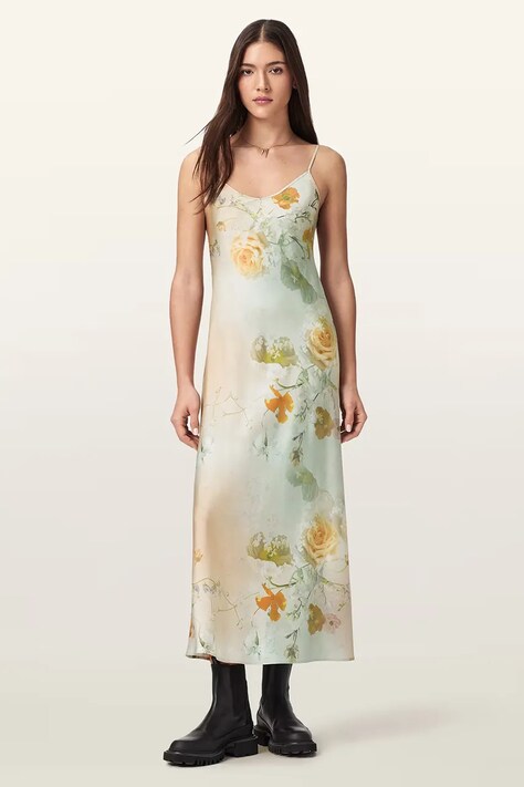 AllSaints sukienka bieliźniana BRYONY zielona w kwiaty W012DE