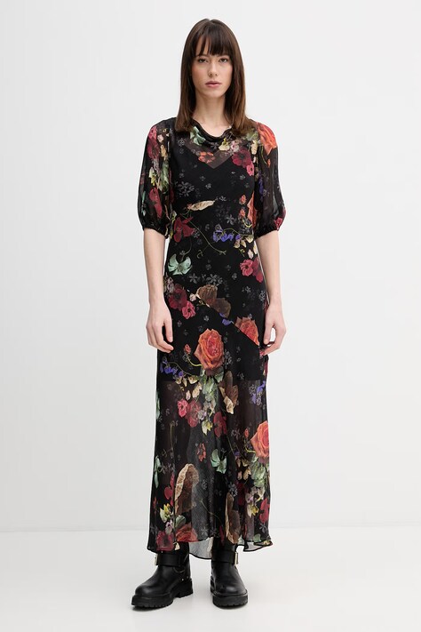 AllSaints sukienka z dodatkiem jedwabiu TIWA kolor czarny maxi rozkloszowana W013DE