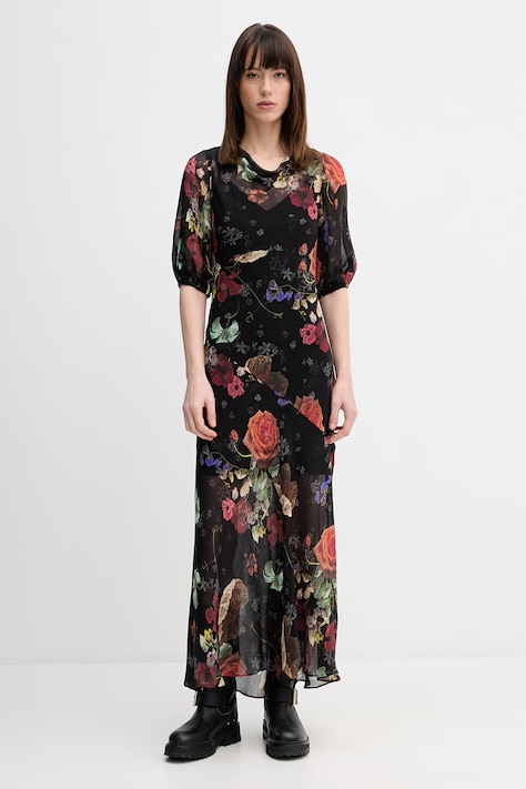 AllSaints sukienka z dodatkiem jedwabiu TIWA kolor czarny maxi rozkloszowana W013DE