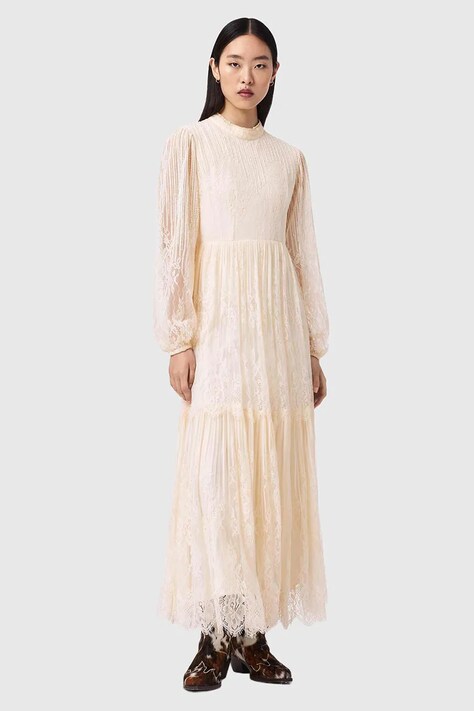 AllSaints sukienka rozkloszowana LILLIAN beżowa z koronkowymi wstawkami W081DE