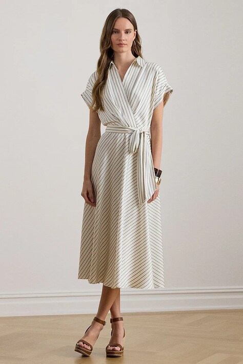 Lauren Ralph Lauren sukienka kolor beżowy midi rozkloszowana 200P08876