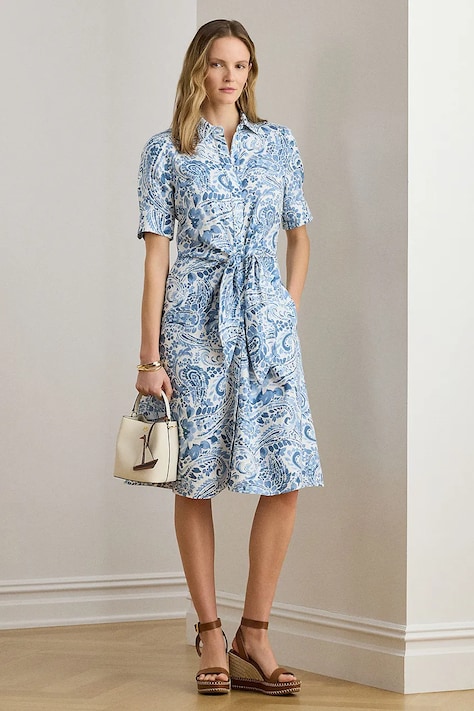 Ленена рокля Lauren Ralph Lauren в синьо къса разкроена 200P08916