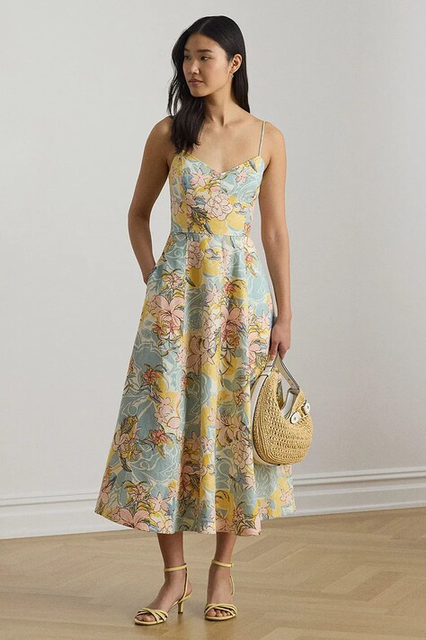 Lauren Ralph Lauren sukienka empire lniana beżowa w kwiaty 200P08951