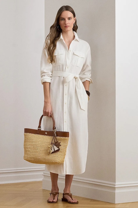 Lauren Ralph Lauren sukienka koszulowa lniana biała gładka 200P13685