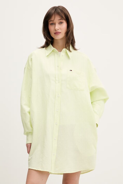 Tommy Jeans sukienka koszulowa z lnem zielona gładka DW0DW22344