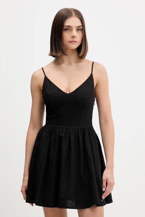 Tommy Jeans sukienka rozkloszowana z lnem czarna gładka DW0DW22345