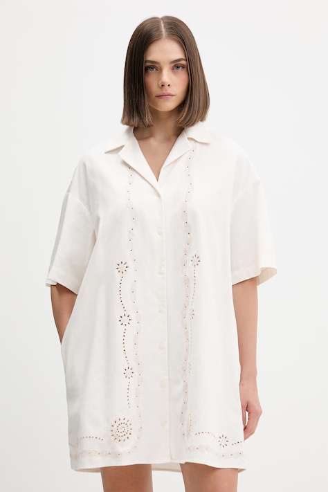 Tommy Jeans sukienka letnia z dodatkiem lnu beżowa DW0DW22350