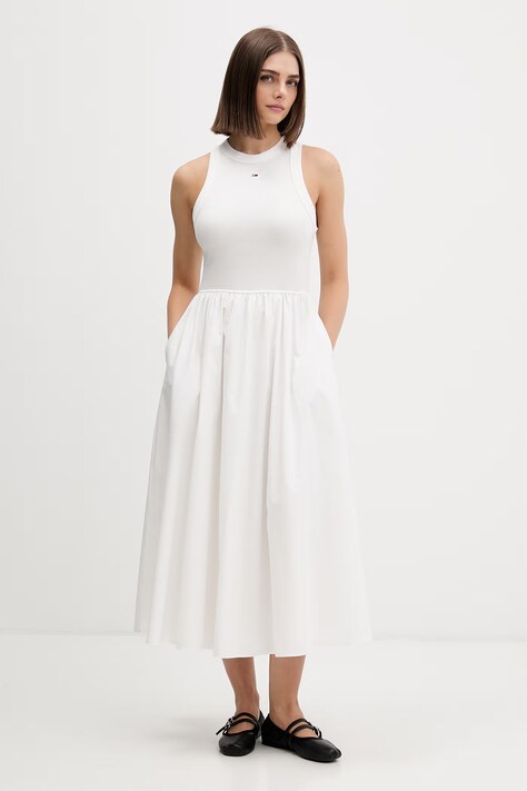 Tommy Jeans sukienka letnia bawełniana z elastanem beżowa gładka DW0DW22593