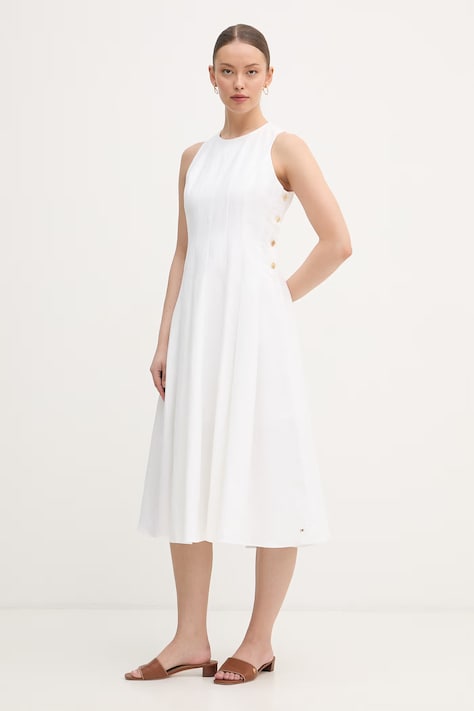 Tommy Hilfiger sukienka z lnem beżowa gładka WW0WW49055