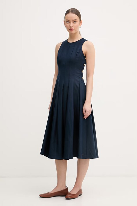 Tommy Hilfiger šaty s ľanom tmavomodré hladké WW0WW49055