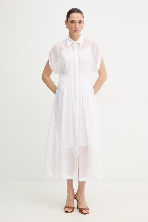 BOSS sukienka z dodatkiem lnu Davinata kolor beżowy midi rozkloszowana 50559733