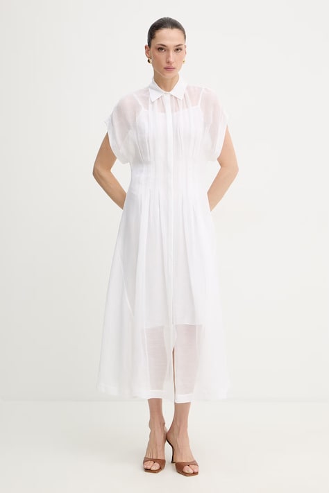 Сукня з додаванням льону BOSS Davinata колір бежевий midi розкльошена 50559733