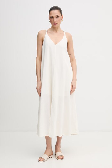 Dkny sukienka z dodatkiem lnu kolor beżowy maxi rozkloszowana DJ6D9162