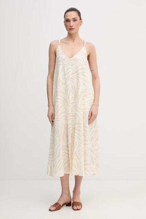 Dkny sukienka z dodatkiem lnu kolor beżowy maxi rozkloszowana DJ6D9162