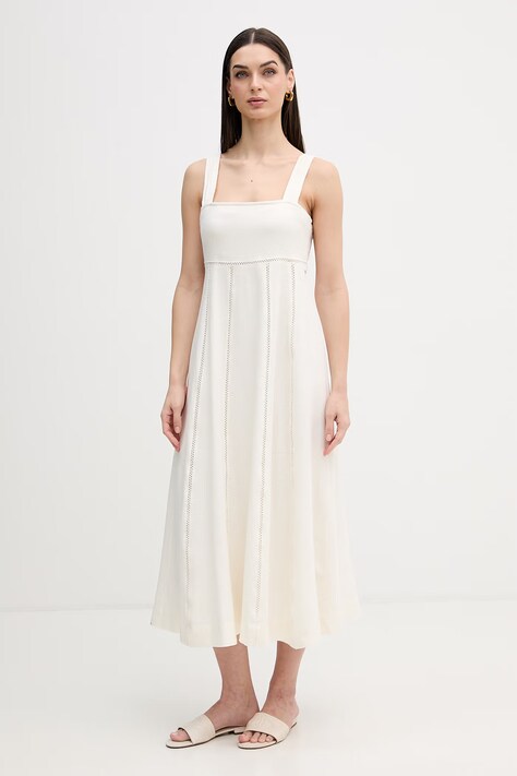 Dkny sukienka z dodatkiem lnu kolor beżowy midi rozkloszowana DJ6D9174