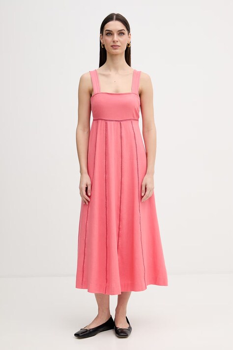 Dkny sukienka z dodatkiem lnu kolor pomarańczowy midi rozkloszowana DJ6D9174