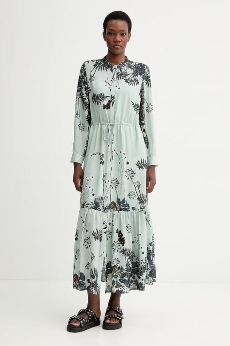 MUNTHE sukienka z dodatkiem jedwabiu BERNADETTE kolor turkusowy maxi rozkloszowana 261131726131